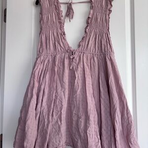 Mauve Pink Smocked V-Neck Babydoll Dress